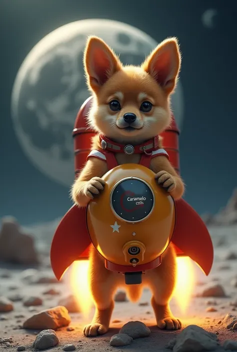 (photorealism:1.2), : A typical Brazilian caramel dog “piloting” a rocket with the Caramelo Coin logo ($CRML ),  in the background the moon with printed legs .
