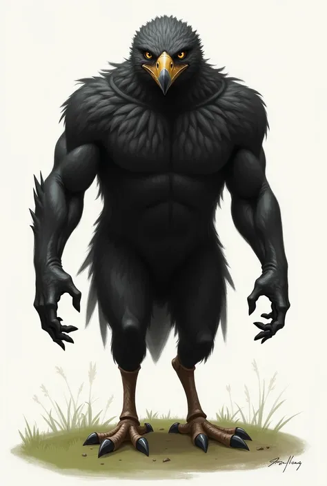 Aarakocra with human arms and black and birds feet on the ground