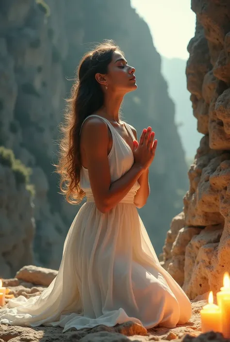 Beautiful girl kneels in front of a rock cliff and folds her hands she beds to God in the sky she is full of hope in sight you can see it very closely face mah Dranand has a white 80s dress on candles and fire on the ground 