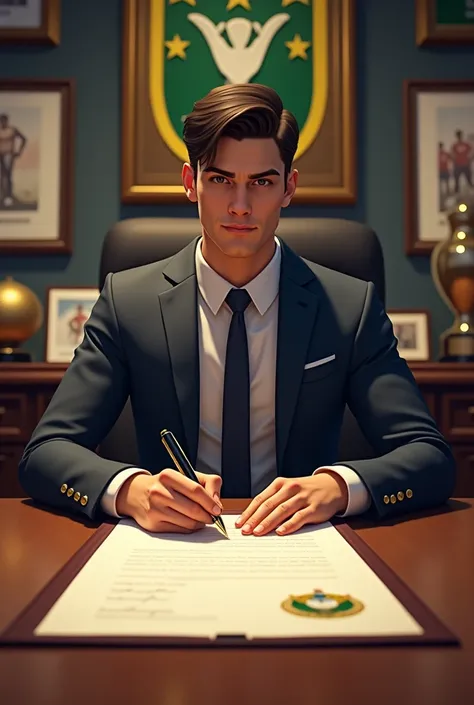 I want you to create an image of me signing a soccer contract with the São Paulo team
