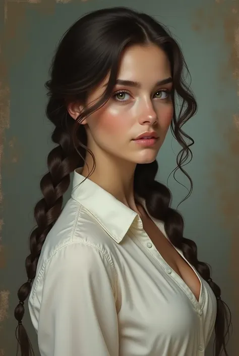 Beauty european cowgirl, one braid behind, black Hair, light eyes, white shirt, light skin,half body, painting art, side portrait, vintage art