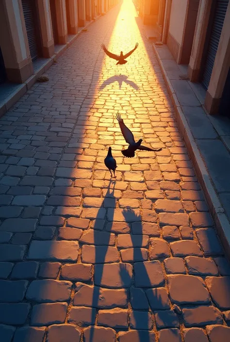 view from above, high angle shot, detailed impressionist painting of a cobblestone pavement at sunset, shadows of flattering pigeons, the pigeons above viewer, the shadows look like patterns on the stones, warm golden lighting, soft focus, glowing ambient ...