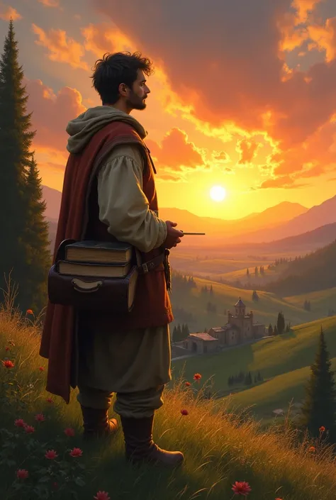 Young man from medieval times with a bag full of books looking at the sunset