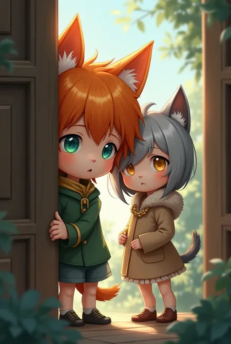 {Boy, orange hair, cat ears, cat tail, one green and one blue cat eye, } {Next to him is a girl, grayish white hair with a bit of black, dog ears and tail, golden eyes} The ren, about , are shyly hiding behind a door, quality High quality 