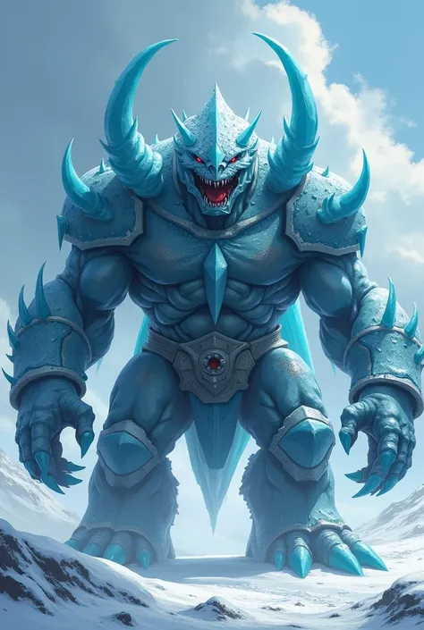 Une créature massive et imposante, inspirée du style de Cocytus de Overlord, avec une carapace glacée et des membres puissants. Sa peau est d’un bleu pâle, presque translucide, avec des éclats de givre qui recouvrent son corps, créant une apparence à la fo...