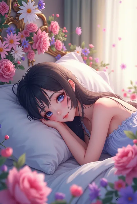 anime girl with blue eyes lies on a bed with flowers