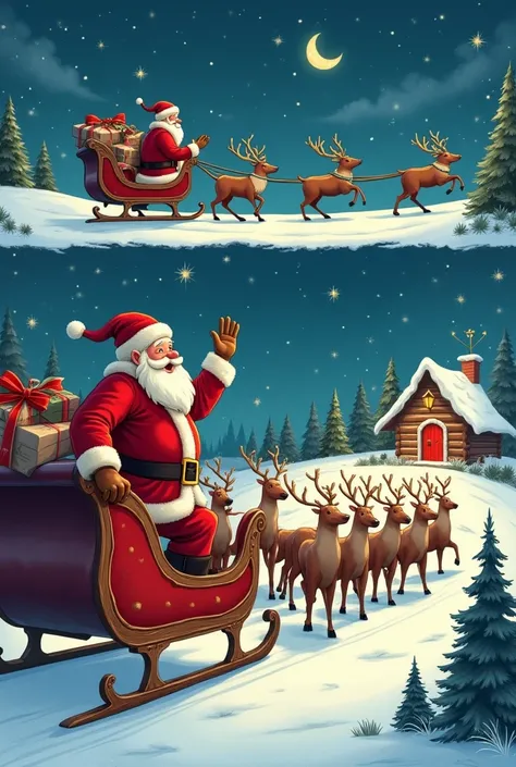 Make a comic strip without bubble text.    Santa waves goodbye riding with deer greeting the ren. Make a comic strip 3 pictures landscape 