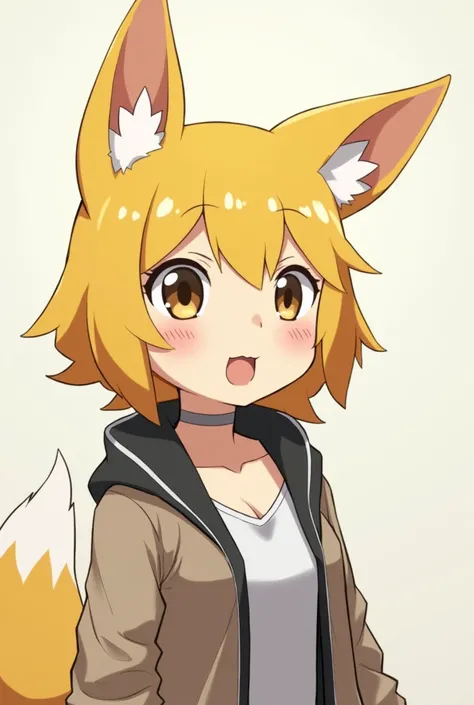  Make a furry in the shape of a dog with standing ears,  with yellow fur and a little white and shes female , Put clothes on her ,  make her look like a human body in an anime version a bit like that anime Beastars, faz ela ser um pouco maior e Put clothes...