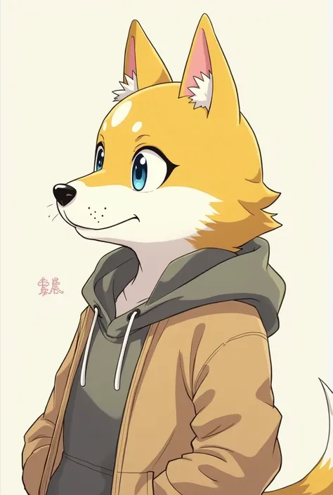  Make a furry in the shape of a dog with standing ears,  with yellow fur and a little white and shes female , Put clothes on her ,  make her look like a human body in an anime version a bit like that anime Beastars, faz ela ser um pouco maior e Put clothes...