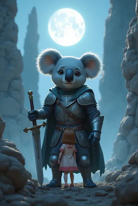 Create a Koala Knight , that he has a sword and that he protects a girl and that he is based on Disneys MoonKnight
