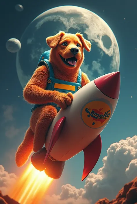 (photorealism:1.2), : A large dog that turns into a candy can typical of Brazil “piloting” a rocket with the CarameloCoin logo ($CRML ),  in the background the moon with printed legs .
