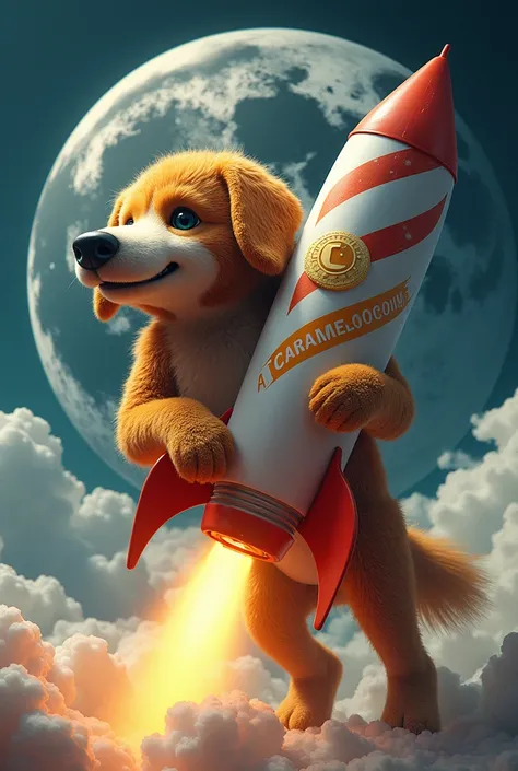 (photorealism:1.2), : A large dog that turns into a candy can typical of Brazil “piloting” a rocket with the CarameloCoin logo ($CRML ),  in the background the moon with printed legs .
