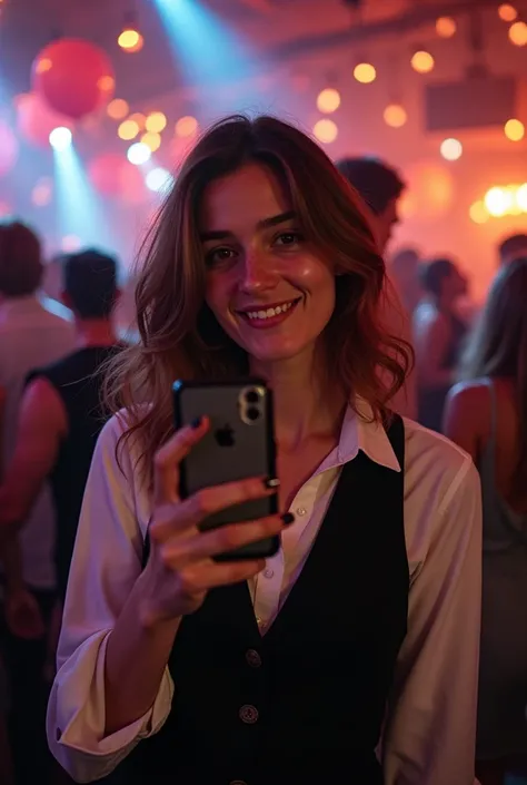  A person of ambiguous gender , light brown skin, wavy shoulder-length hair,  wearing a white dress shirt and Black vest , holding a cell phone in his right hand,  as if she were capturing a moment Party casual .  the smile is discreet ,  and she looks dir...