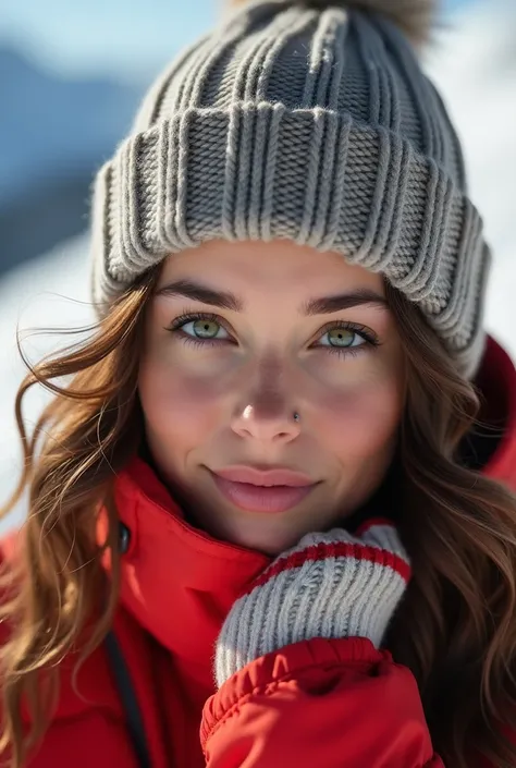 ( Show face only, Close up do rosto)),(ski suit ,  lie down in the snow , sunny, knitted hat, Snow mountain), cute Italian woman 、************, a model, a woman,  strong sunlight ,  beautiful and detailed light green eyes,  wavy brown hair and light 