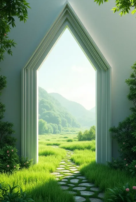 white open daimond door back lush green grass