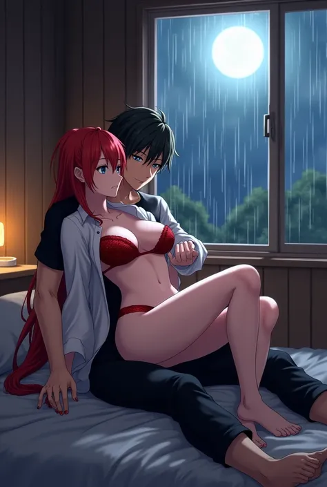 Subaru Natsuki x Rias Gremory in a cabin in a window you can see the moonlight and on a rainy day Rias has loose red hair and long blue eyes with big breasts she wears only sexy red Japanese underwear together with a white button down shirt while lying on ...