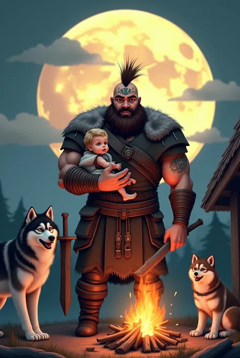  A MUSCULAR VIKING , HANDSOME AND WITH MOHAWK-STYLE TATTOOS ON HIS HEAD AND SHOULDERS WITH A SMALL AND CUTE VIKING BABY GIRL IN HER ARMS ,  AND WITH A  VIKING BOY WITH DARK BROWN HAIR BEING HAPPY WEARING VIKING CLOTHES WITH A WOODEN SWORD.  ALSO TWO WOLVES...