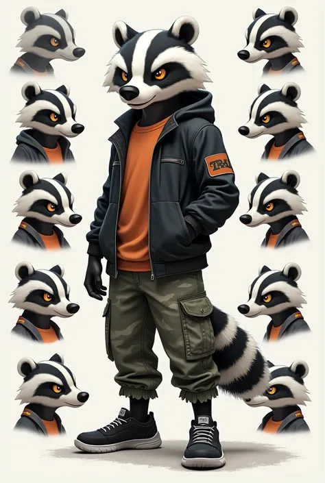 Character Traits:

The character is an anthropomorphic badger with human-like posture and a cool, confident demeanor.
Key features include badger facial markings (black-and-white patterns), a fluffy striped tail, and expressive orange-yellow eyes.
slightly...