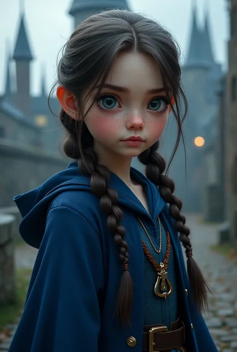  better quality ,  masterpiece ,  Put on a Ravenclaw Hogwarts uniform.,Ravenclaw House ,  Wear a Ravenclaw cape ., (((Braided hair))  dark brown , Serious, Very naughty,  Cute and shiny , Be happy, smile,  freckles on the face,  detailed blue eyes ,  detai...