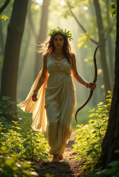  A forest bathed in sunlight . APOLLO,  a radiant god with a bow and arrow , Run after Daphne ,  a young woman with a desperate face . Mientras APOLLO se acerca,  Daphne begins to transform into a laurel ,  with branches and leaves sprouting from her hands...