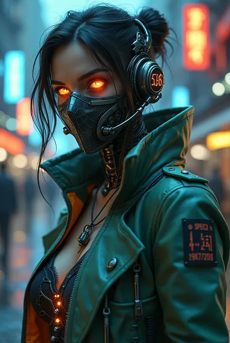  Cyberpunk cyborg woman . steampunk glasses .  mechanical left arm . Human characteristics with an otherworldly glow.  Metallic tones and neon details contrast with aged metal . Angry eyes capture , mask in the mouth.  Soft bioluminescence meets a metropol...