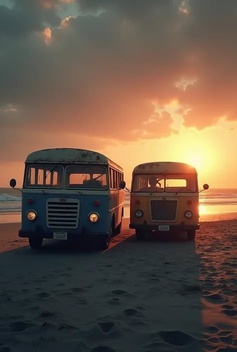 Make a poster with a moody touch in beach and foreground a  2 buses and  allmost the weather should be at evening time 