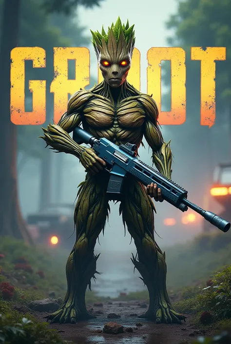 Groot is in the middle and holds an M416 max ice weapon in his hand, the background is the word GROOT in Groots colors under Groots feet and a PUBG-related image in the background.