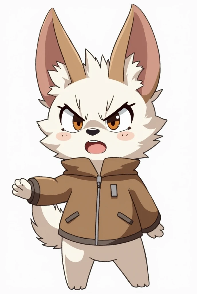  Make a furry shaped like a dog with ears standing up but very furry, Only the ear that is very hairy , The ears are brown , The hair on her entire head is white, GENDER: female, Put clothes on her ,  make her look like a human body in an anime version a b...