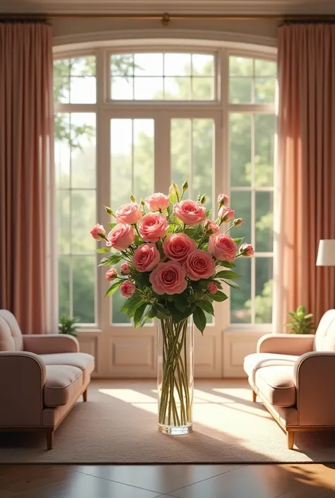 A beautiful sitting room with a tourch of rose flower 