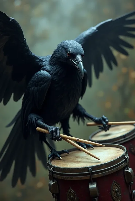 A crow plays the drums