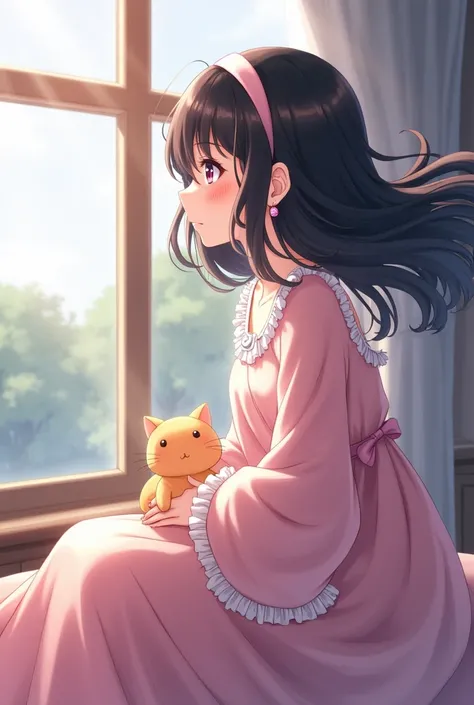 Solo, High Resolution, Black Hair, Earrings, Blush, POV, Hairband, Motion Lines, Anime Style, 1girl, (in heavy wind,wearing long pink dress with fluffy sleevs,a cute baby cat on her lap)Soft Colors, (set beside a big window,sun rays on her face)