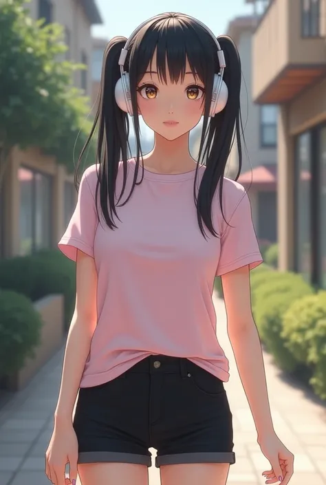 A beautiful and cute woman with a pair of black ponytails. She was wearing a pink t-shirt and black shorts and had white headphones on. cute shoe, realistic,HD