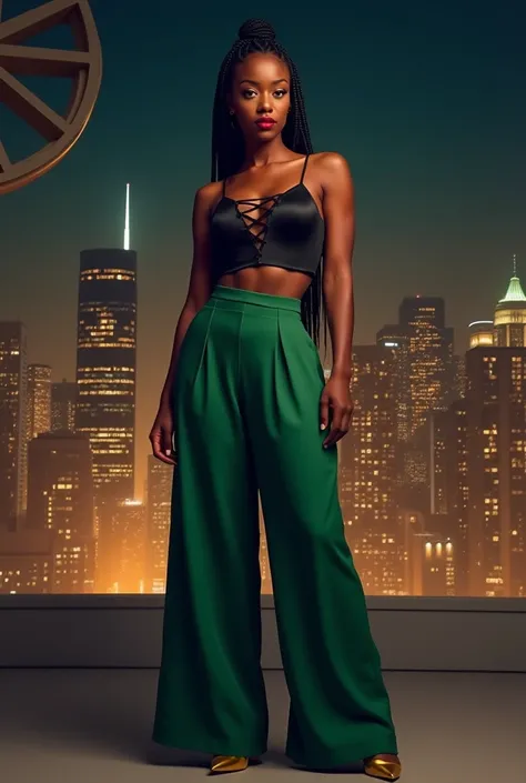 A curvaceous Black woman in a black satin crop top with a crisscross back, styled with high-waisted emerald green wide-leg pants and gold heels. Her hair is styled into sleek cornrows as she stands against the backdrop of a city skyline at night.

