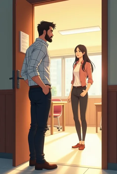  Anime 24 years young guy with light beard wored white checkered shirt and black pant shoe he was standing at Door of class he is lecturer and beautiful girl coming from corridor 