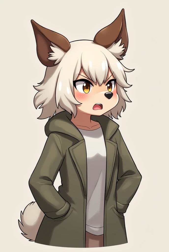  Make a furry shaped like a dog with standing ears but very furry, Only the ear that is very hairy , The ears are brown , The hair on her entire head is white, GENDER: female, Put clothes on her ,  make her look like a human body in an anime version a bit ...