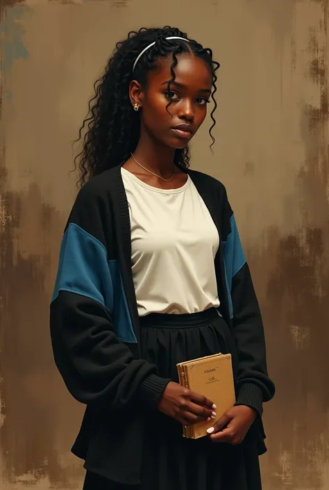 Create for me a beautiful 11. girl who looks painted with dark skin and looks like a real painting modest with a long black skirt that goes past the knees and a smooth white t-shirt with sleeves up to the elbow beautiful with an open sweater in blue and bl...