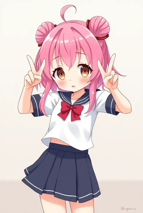 Pink hair, anime girl, twin tail, cute, tsundere, doing peace, sailor uniform.