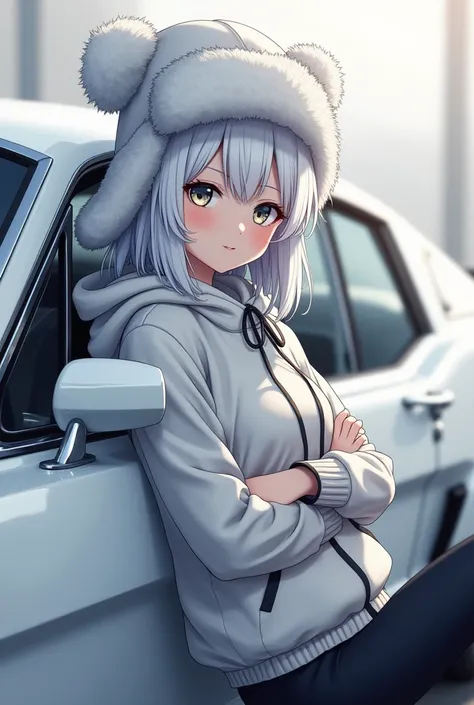 white haired anime girl wearing an ushanka leaning on white Mustang GT350