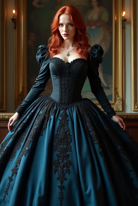 Christina Hendricks with big breasts in a shirt and a very long victorian blue and black bustle ball gown with reaching till the floor 