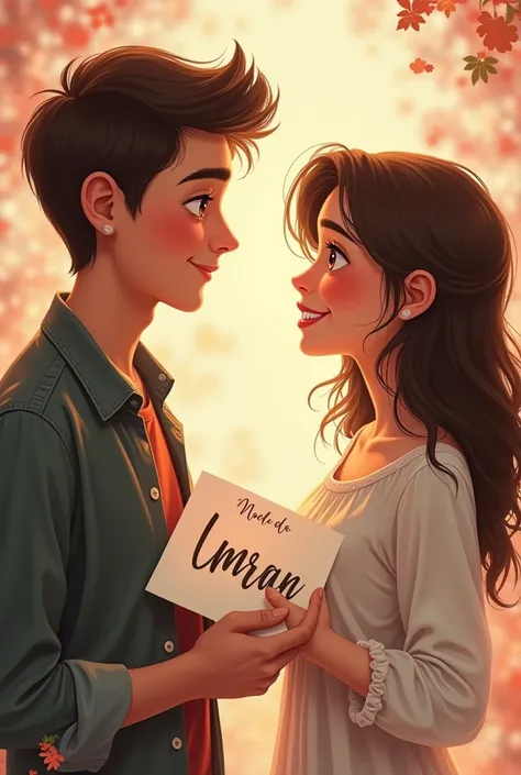 A beautiful young girl and a handsome young boy are looking at each other, smiling, holding paper in their hands, with the names Bella and Imran written on the paper. 