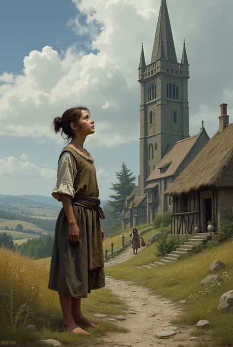 Play a young medieval peasant girl near a church tower, looking up at the skies with sadness 