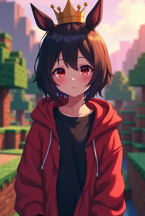 A anime girl wearing red hoodie and dark red eyes dark brown hair with a crown and animated Minecraft background. Black t-shirt 