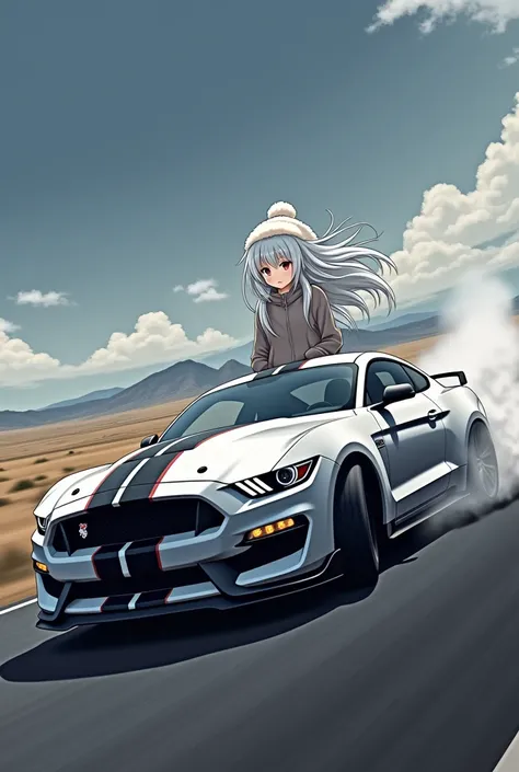 white haired anime girl wearing an ushanka drifting a white Mustang GT350