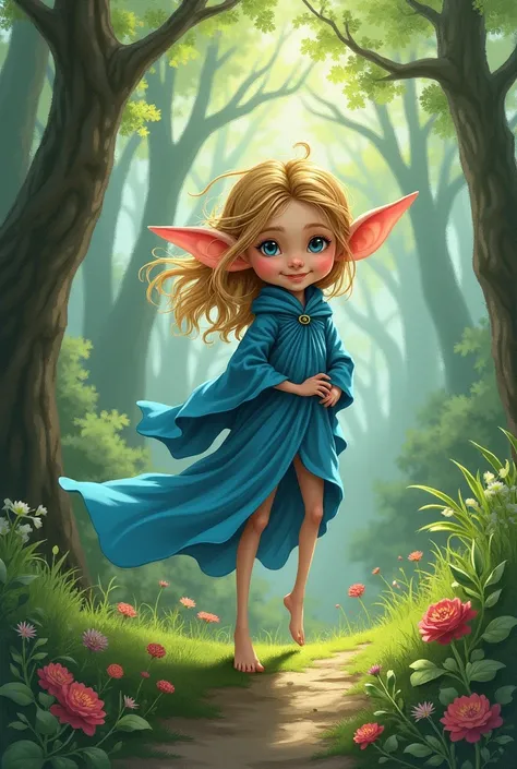  Mischievous and mischievous forest sprite .  Small with long legs and slightly elongated ears. Blue robe . Brudni złote włosy. Szkic