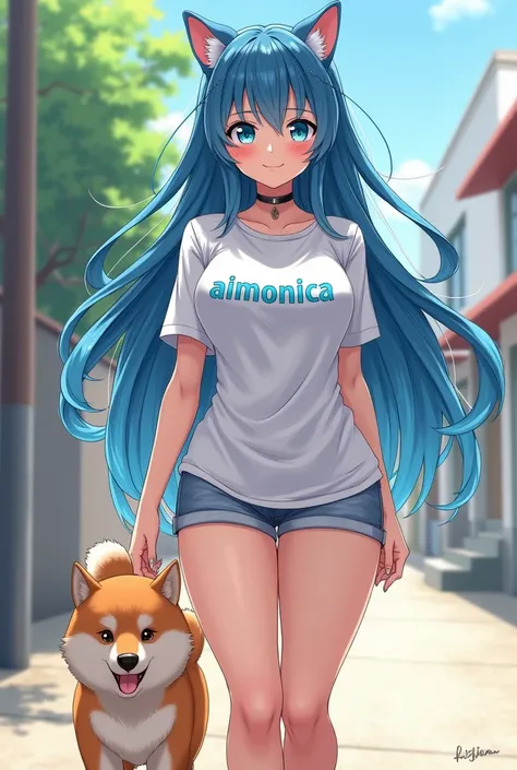 generate a cute and sexy waifu character with long blue hair, bright blue eyes, bigger in a white shirt and the shirt says Aimonica walking with a shiba inu dog