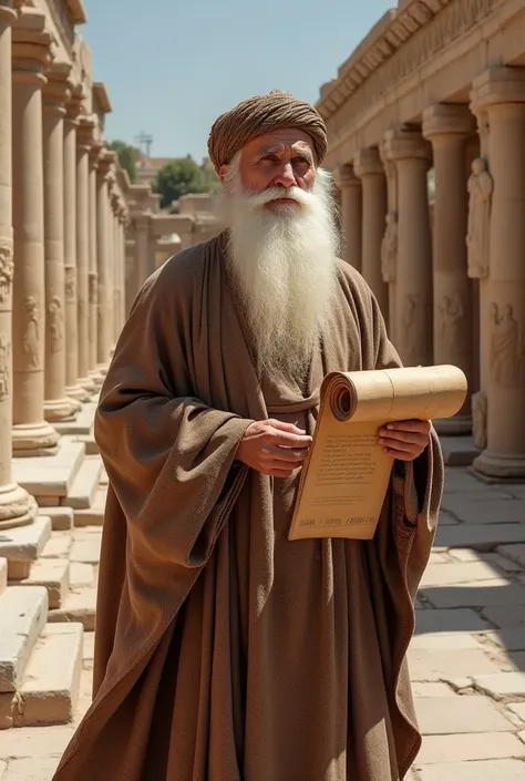  An elderly historian wearing traditional Iranian clothing ,  with a long white beard and a large scroll in his hand.  The background shows the ruins of Persepolis , with stone reliefs and columns ,  telling stories from ancient history .

