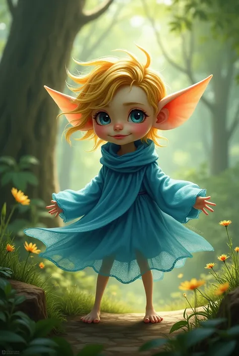  Mischievous and mischievous forest sprite .  Small with long legs and slightly elongated ears. Blue robe . Brudni złote włosy. 
