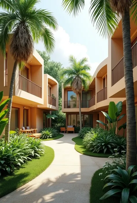 make me a picture of a minimalist housing with tropical shades beirkut an existing siteplan image of a green and shady garden