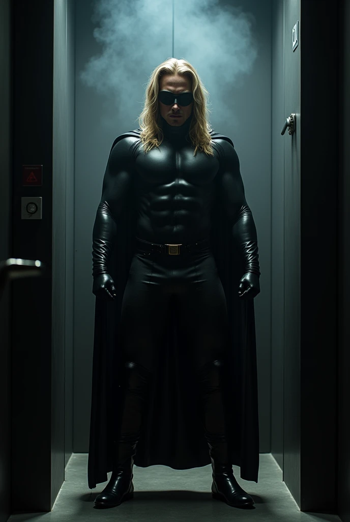 Travis Fimmel, the young muscular masked superhero with his very long dark blond hair, in a very dark and smoky elevator at night, with a dark and intimate environment. His tight-fitting black leather costume clings to his chiseled physique, while a long, ...