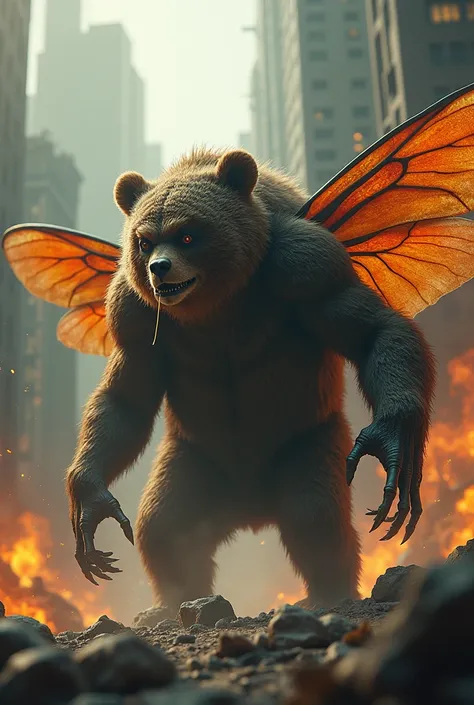 "A monstrous hybrid creature that seamlessly combines the features of a mosquito and a bear. The entity has the body mass and fur texture of a bear, but with giant mosquito wings, a sharp proboscis protruding from its face, and compound eyes. Its appearanc...